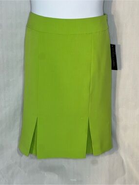 Evan-Picone Skirt Lime Green Crepe Flat Front Side Zip Kick Pleats Tailored 12 👍